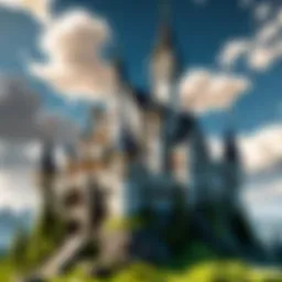 A majestic castle built in Minecraft showcasing intricate architectural designs with towers and battlements.