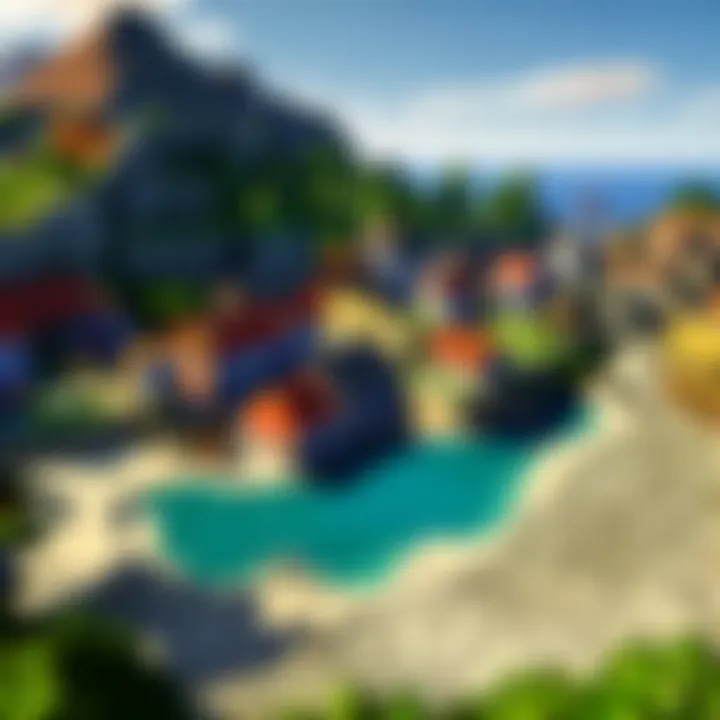 An aerial view of a vibrant village in Minecraft, highlighting diverse building styles and layouts.