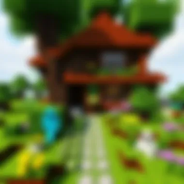 A vibrant garden surrounding a Minecraft home, showcasing landscaping techniques