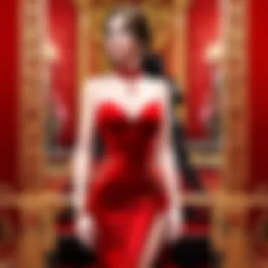 Elegant woman in red evening gown at a casino table