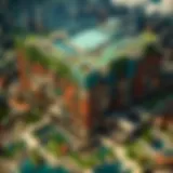 A stunning aerial view of a Minecraft city with diverse architectural styles.
