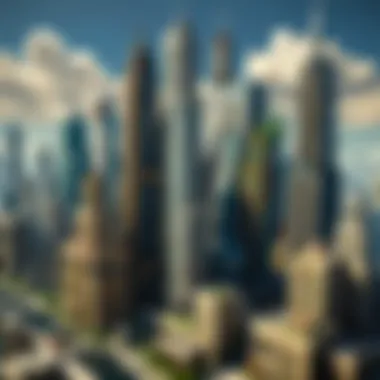 An intricate skyline of a Minecraft metropolis featuring skyscrapers and unique buildings.