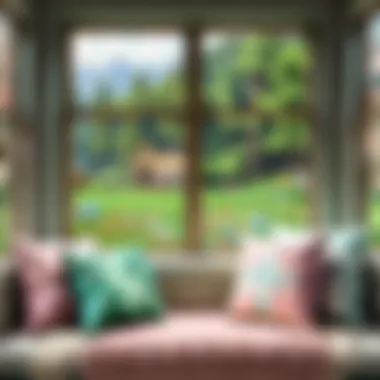 Pastel Throw Pillows on Window Seat in Cottage Core Decor Soft pastel throw pillows on a quaint window seat