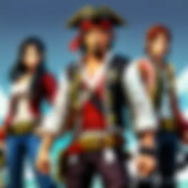 Intricate artwork showcasing a group of diverse pirate crew members engaging in a heated debate