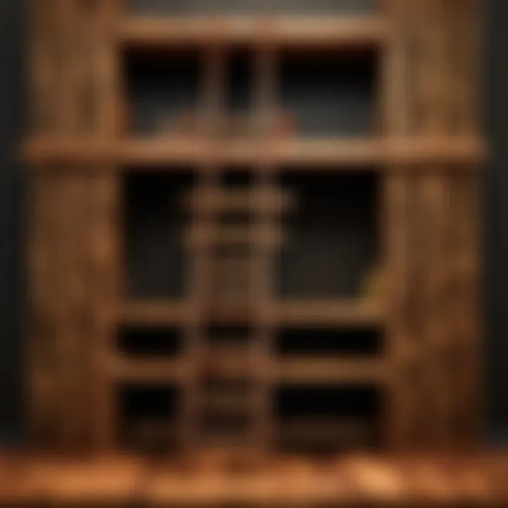 Close-up of the intricate dark wood grain on a ladder bookshelf