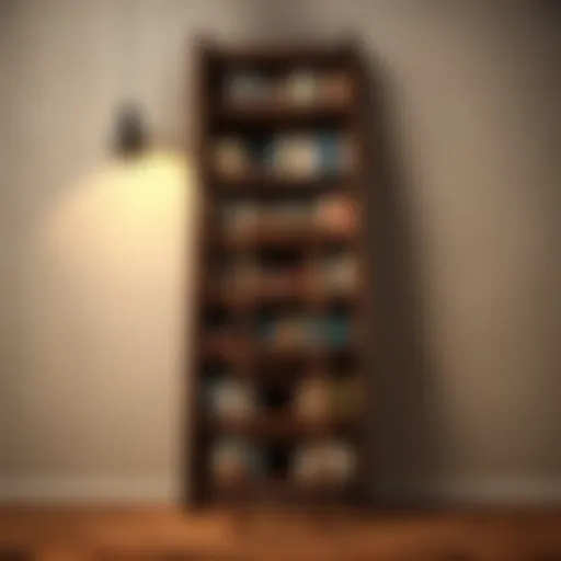 Dark wood ladder bookshelf against a minimalist backdrop