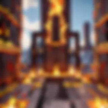 An intricate design of a fire-themed obstacle course crafted within Minecraft.