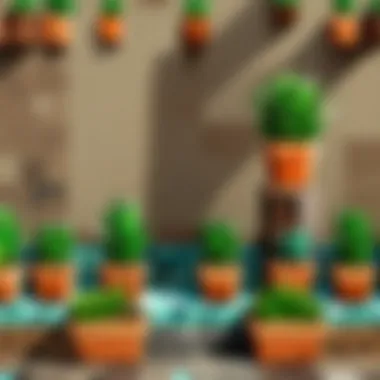 A player creatively arranging flat back plant pots in a custom Minecraft environment