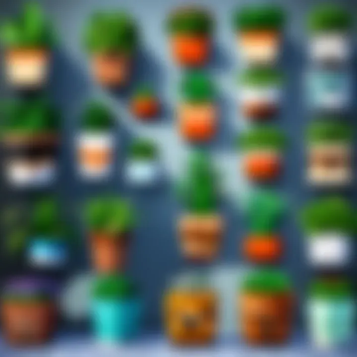 Close-up of various flat back plant pots showcasing different designs and colors