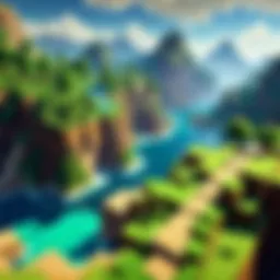 A vibrant pixelated landscape featuring blocky structures and characters