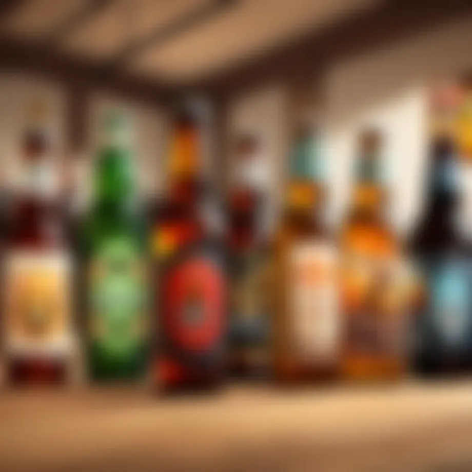 Unique craft beer bottles displayed in a rustic setting