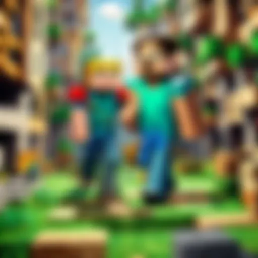 A vibrant Minecraft landscape showcasing players building together