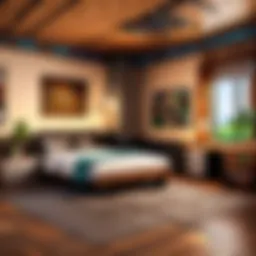 A cozy Minecraft-themed bedroom with blocky furniture and pixelated decor.