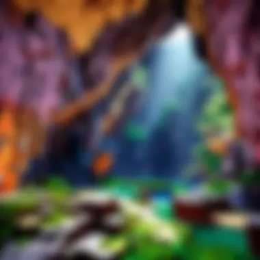 Colorful lush cave filled with vibrant vegetation and minerals