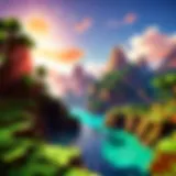 A vibrant Minecraft landscape showcasing the blocky terrain and expansive sky