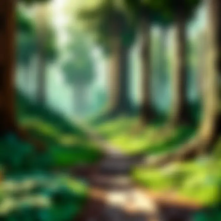 Illustration of a serene forest landscape with sunlight filtering through trees