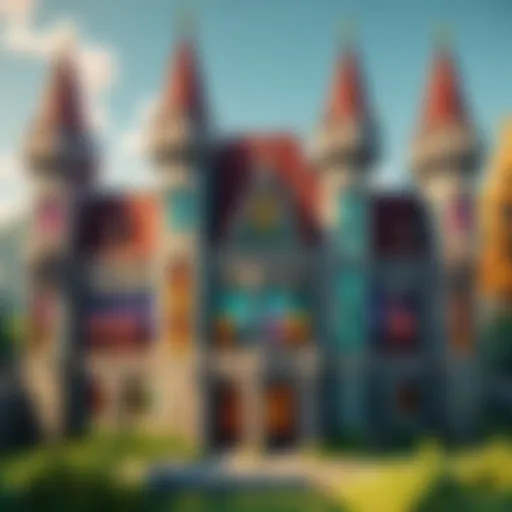 An intricately designed castle featuring colored glass block windows that reflect various hues.