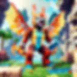 A vibrant Minecraft landscape featuring Pokémon in action