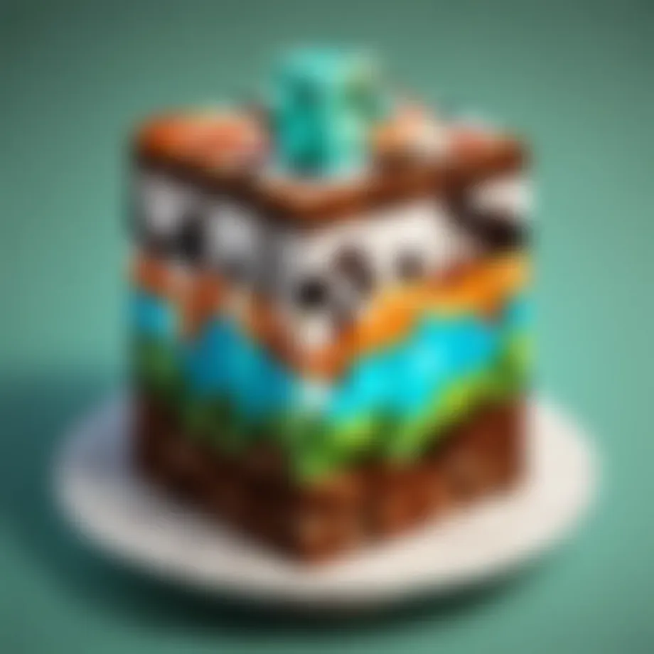 A beautifully decorated Minecraft-themed cake showcasing iconic block designs