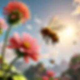 A captivating close-up of a bee hovering near a flower in Minecraft.