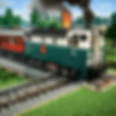 Trains in Action: Enhancing Gameplay in Minecraft PE Gameplay scene depicting trains in action within a Minecraft landscape, emphasizing transportation mechanics.