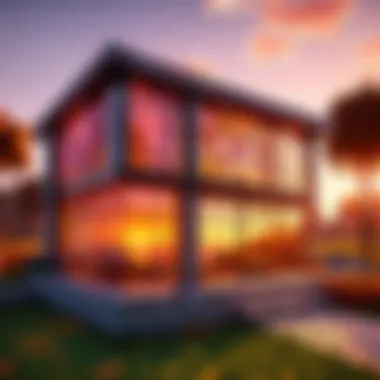 A Cozy House with Sunset-Illuminated Glass A cozy Minecraft house illuminated by vibrant colored glass block windows during sunset.