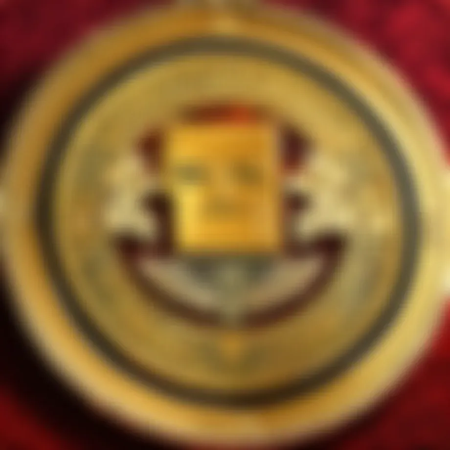 Shiny gold coin on a velvet cushion