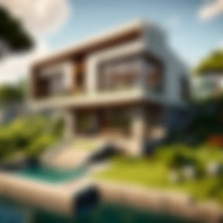 Landscape view featuring a modern house surrounded by natural elements in Minecraft