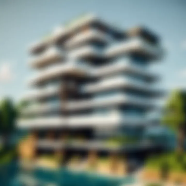 Exterior shot of a multi-level modern house with a rooftop terrace in Minecraft