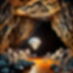 A deep underground cave illuminated by torches revealing diamond ore