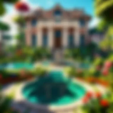 Vibrant Garden Oasis Expansive gardens showcasing colorful blooms and sculpted hedges under the sun
