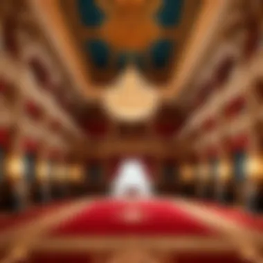 Lavish ballroom with intricate ceiling designs and ornate decor