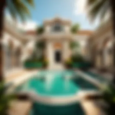 Luxurious swimming pool flanked by palm trees and overlooking the mansion