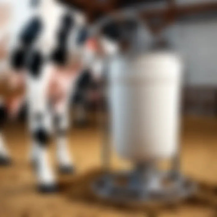 Milking bucket in use during the milk extraction process