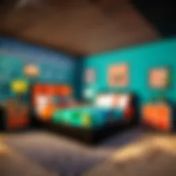 A Minecraft-themed bedroom with blocky furniture and vibrant colors