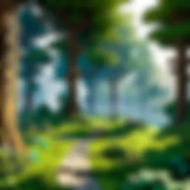 Minecraft setting with mystical forest and magical aura