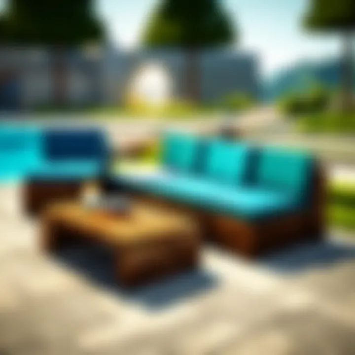 Outdoor patio area with modern furniture mods for virtual relaxation