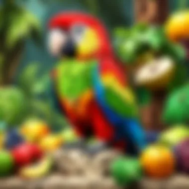 Vibrant Parrot Enjoying a Variety of Fruits Colorful Parrot Feasting on Fruits