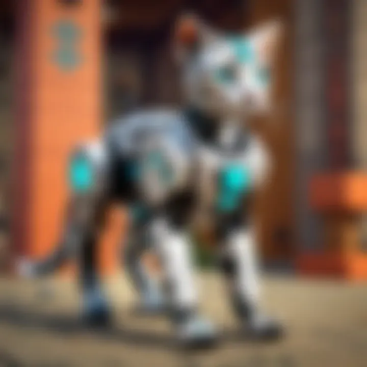 Robotic cat with glowing eyes and intricate metallic fur