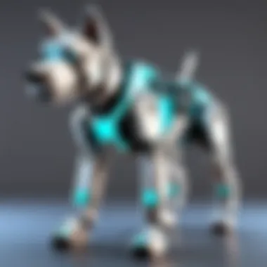 Innovative Canine Companion with Holographic Treats Robotic dog wagging its tail with a holographic bone in its mouth