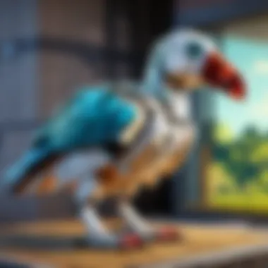 Technological Avian Companion in a Digital Habitat Robotic parrot perched on a digital tree, feathers shimmering with vibrant colors