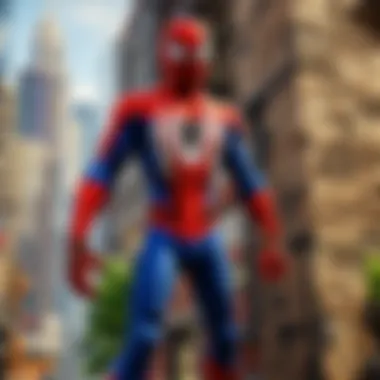 Spiderman character in pixelated Minecraft world