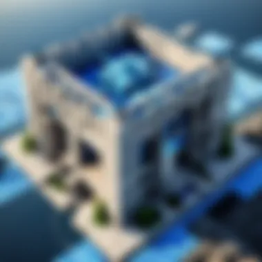 Aerial view of a Minecraft structure adorned with blue concrete tiles