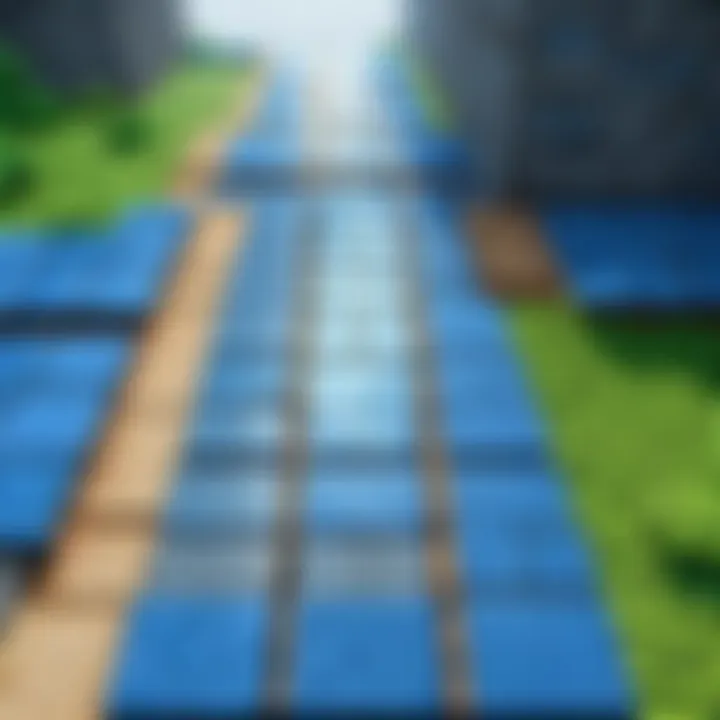 Minecraft landscape featuring a pathway made of blue concrete tiles