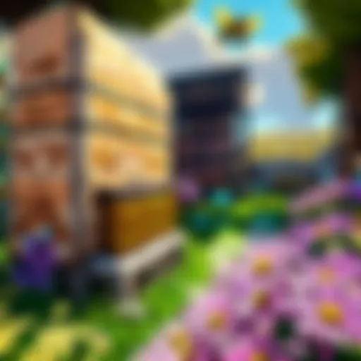 A vibrant Minecraft bee farm showcasing beehives and flowers