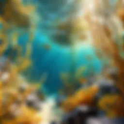 A vibrant underwater scene showcasing solid gold kelp flourishing among coral reefs.