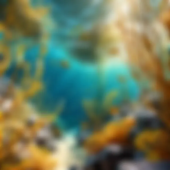 A vibrant underwater scene showcasing solid gold kelp flourishing among coral reefs.