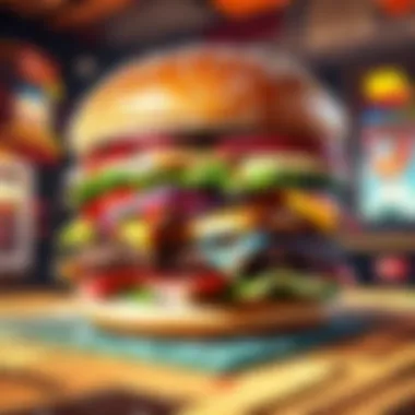 Whimsical depiction of burgers and gaming controllers merging