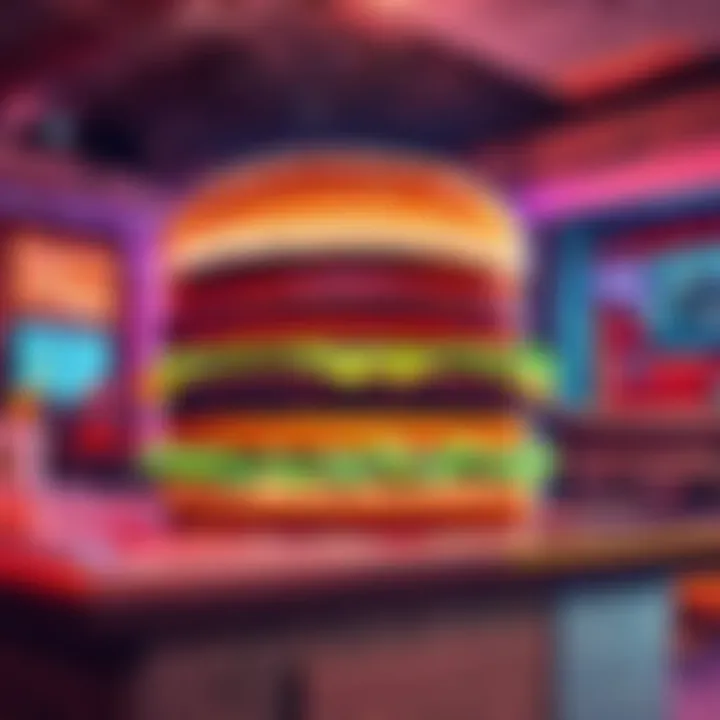 Abstract illustration of a futuristic burger shop with neon lights