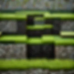 A detailed view of artificial grass blocks placed in a Minecraft landscape